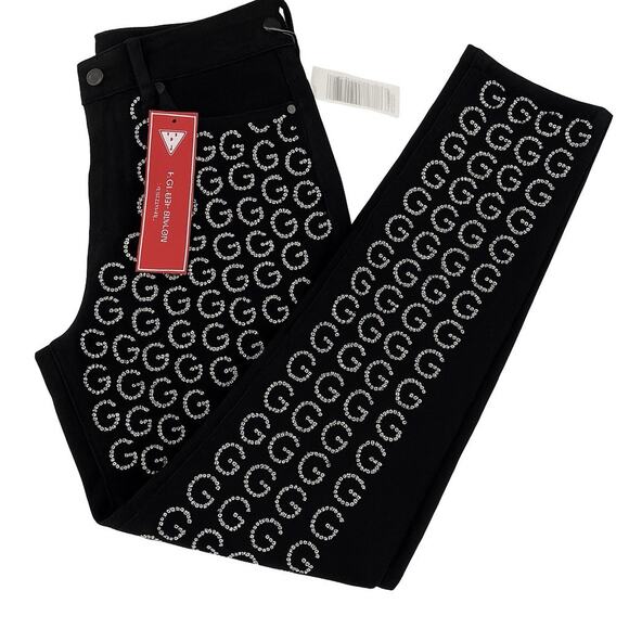 GUESS Women’s Black Rhinestone “G” High Rise Straight Fit Sexy Jeans 28x28 NEW - Picture 2 of 7